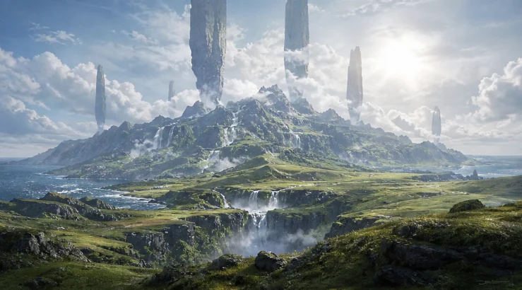异星概念图二，悬浮岩石与远山