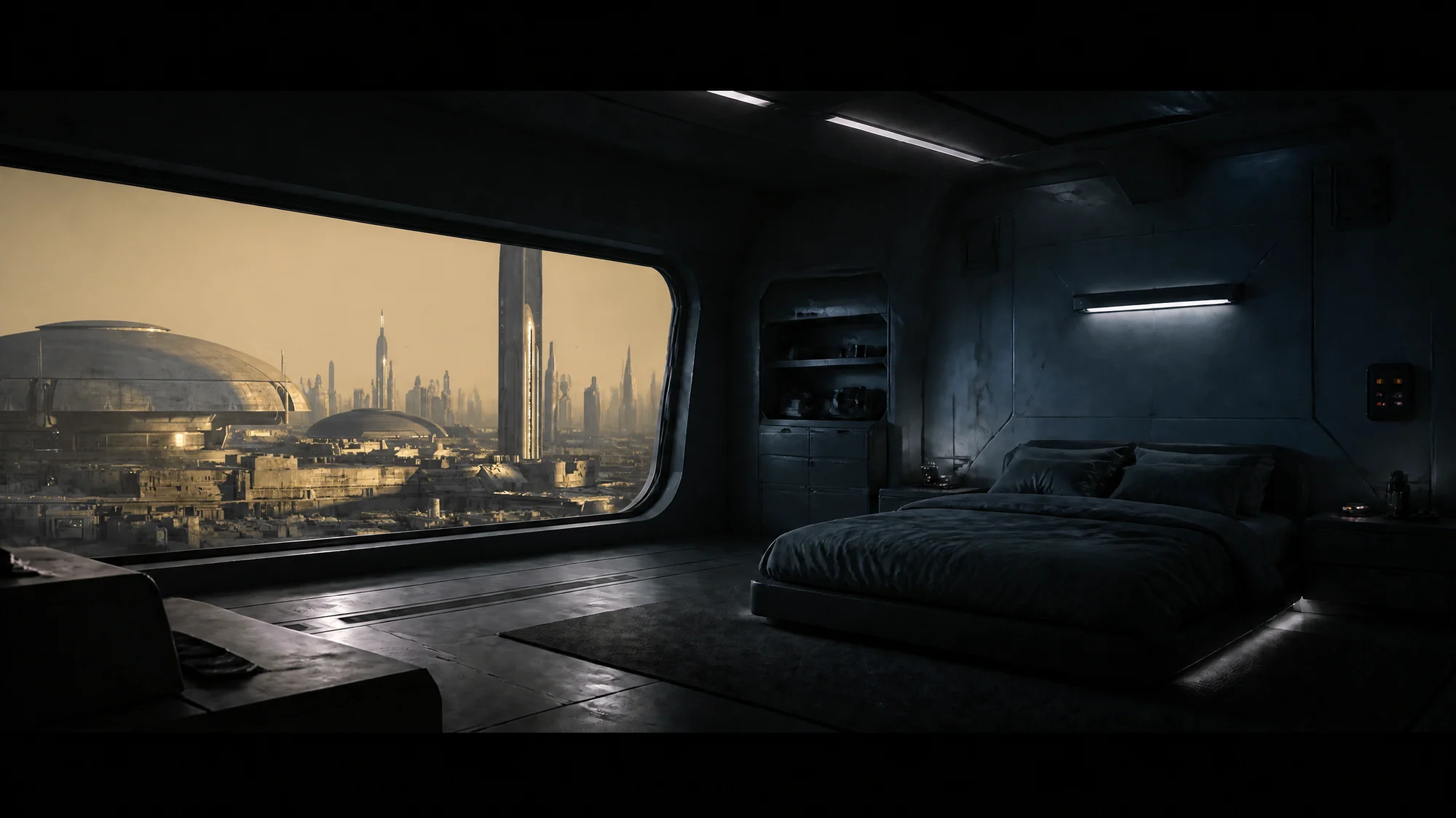 卧室概念图，弧形窗框与城市窗景